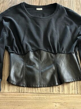 Anthropologie Black Faux Leather Peplum Sweatshirt Top